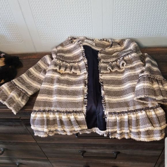 Kie & Kate Couture Woven Ruffled Frill Jacket Sz M, Navy & Cream - Picture 11 of 12